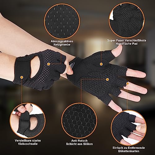 Fitness Handschuhe Damen Herren Trainingshandschuhe 2 Stück Anti Rutsch Silikon Atmungsaktive Sporthandschuhe für Gewichtheben Krafttraining, Handflächenschutz, Radfahren, Bewegung (Schwarz, S)