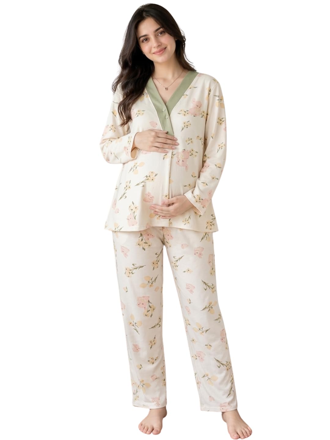 Korean Maternity Feeding Pyjama Set | Soft Cotton Blend Nursing Pyjama Set for Women | Front Open Breastfeeding Sleepwear | Cute Korean Style Homewear-image-9