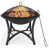 Feuerschale mit Funkenschutz, Feuerkorb, Ø57 * 50cm, Feuerstelle Garten, inkl. Schürhaken & Kohlerost, Vierbein-Gestell, Leicht zusammenzubauen, rostfrei,für Gärten, im Freien, Partys