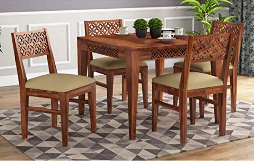 Image of SHRI MINTU'S ART Solid Sheesham Wood Dining Table 4 Seater | Four Seater Dinning Table with 4 Chairs for Home | Chairs with Cushion | Dining Room Sets for Kitchen & Restaurants | Brown Honey Finish