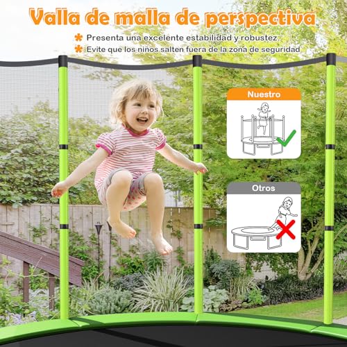 Miniatura 5 de Costway Cama Elastica Infantil Ø 165cm, Trampolines Con Red De Seguridad Y Almohadilla Para Muelles Para Niños De 3-6 Años, De Interior Exterior, Carga Estática 135kg Verde, Ø165 X 165 Cm