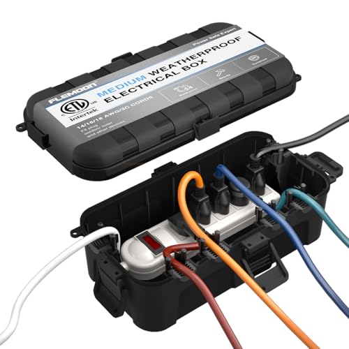 Flemoon Medium Outdoor Electrical Box (11.5x5.2x4 inch), IP54 Waterproof Extension Cord Cover w/6 Cable Entry Ports, Weatherproof Connection Box for Power Strip, Timer, Plug, Holiday Lights, Black