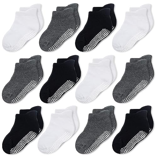 CozyWay Chaussettes de style sans glissement avec pinces, 12 pack pour bébés garçons et filles, blanc noir et gris foncé, 1-3 ans