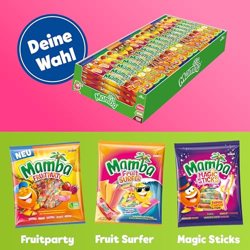 Mamba Kaubonbon Mix – 80 x 106g (4er Stange) – 3-fach sortierte Fruchtbonbons mit Mamba Classic, Sour und Cola & Friends