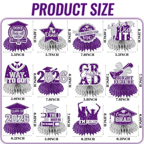 Image of 12pcs Graduation Table Decorations 2026, Purple Graduation Decorations 2026 Purple and Silver Graduation Centerpieces for Tables,Class of 2026 Centerpieces Honeycomb for Congrats Grad Table Decor