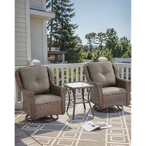 3 Piece Patio Swivel Chairs and Side Table Set - High Back Outdoor Wicker Rattan Rocking Glider with Thick Cushions for Porch Apartment Deck Yard Poolside Garden - Grey/Brown 3 Piece Patio Swivel Chairs and Side Table Set High Back Outdoor Wicker Rattan Rocking Glider with Thick Cushions for Porch Apartment Deck Yard Poolside Garden GreyBrown