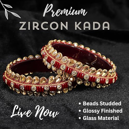 Image of NMII Glass Golden Zircon Stone & Kundan Beads Kada Set For Women & Girls | Fancy Design Kada Bangles | Traditional Look Kangan | Glass Bangles For Women Wedding, Party, Function, Daily use- Set of 2