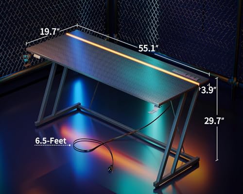 Image of MOTPK 55 Inch Gaming Desk with LED Lights & Power Outlet, Computer Desk for Small Space, Cheap Gaming Table with Carbon Fiber Texture, Kids Desk Gift for Boys Men, Black