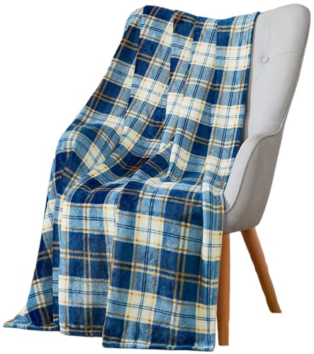 Teal Plaid Farmhouse Fleece Throw Blanket: Soft Blue Cream Brown Tartan Design Accent for Sofa Couch Chair Bed Dorm