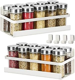 Magnetic Spice Rack 2 Pack Refrigerator Shelf Seasoning Organizer W/ 4 Hooks Metal Storage Rack Fridge Side Wall Mount Spice Stand Jar Holder Utensils Towel Shelves Home Kitchen Organization - White