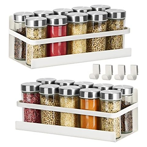 Magnetic Spice Rack 2 Pack Refrigerator Shelf Seasoning Organizer W/ 4 Hooks Metal Storage Rack Fridge Side Wall Mount Spice Stand Jar Holder Utensils Towel Shelves Home Kitchen Organization - White Cover