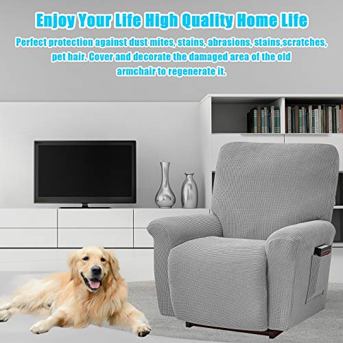 4 Pieces Stretch Recliner Slipcovers,Thick Jacquard Reclining Chair Covers Washable Spandex Sofa Couch Cover Anti-Slip Furniture Protector Couch With Elastic Bottom&Side Pocket(Silver Gray) #TOP3