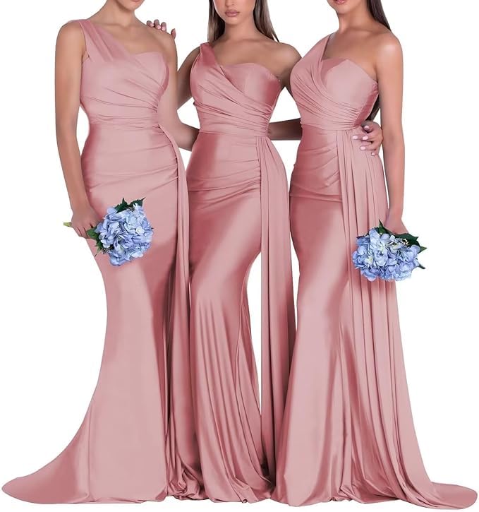 Image of One Shoulder Bridesmaid Dresses for Wedding Long Satin Bodycon Prom Dress Mermaid Formal Evening Gowns