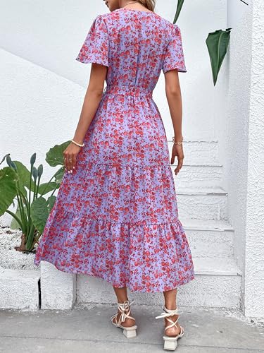 Image of MASCOMODA Women Boho Swiss Dot Maxi Dresses Wrap V Neck Flutter Short Sleeve Solid Tie Waist A Line Tiered Flowy Long Dresses