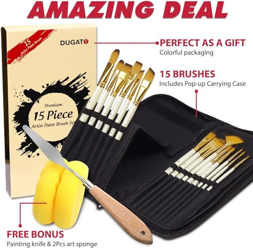 DUGATO Artist Paint Brush Set 15pcs Includes Pop-up Carrying Case with Painting Knife and 2 Sponges for Acrylic, Oil, Watercolor, Art, Scale Model, Face, Paint by Numbers