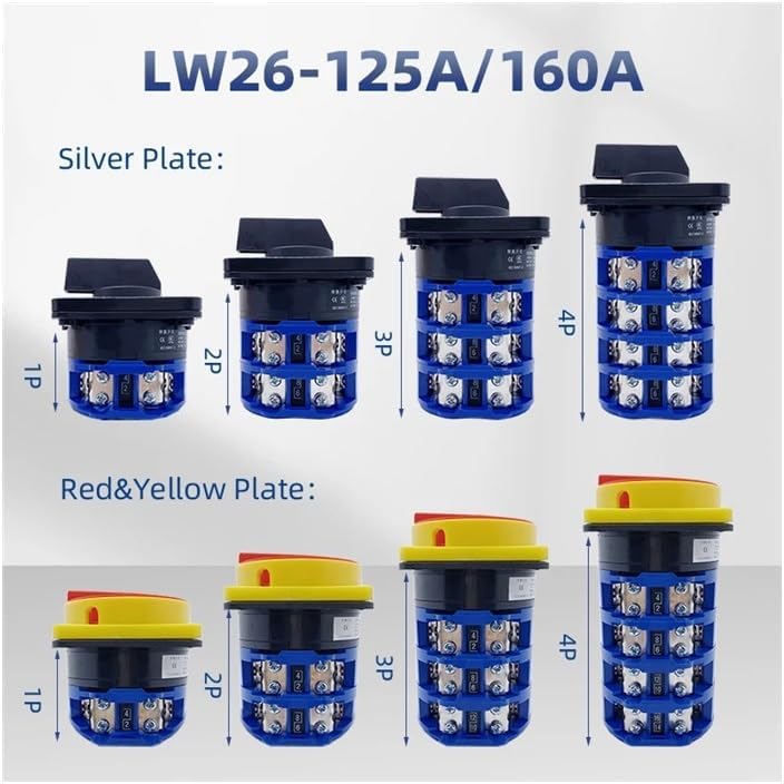 LW26-125A 160A Cam Rotary Switch Two/Three Positions 1-4 Poles Silver Power Control YMW26GS Main Selector(Silver Plate,4 Poles_01 Positions_160A)