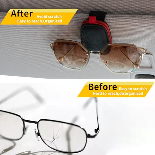 Image of Yuoyar 2 Packs Sunglasses Holders for Car Visor - Magnetic Leather Sunglasses Holder and Ticket Card Clip - Car Visor Accessories (Black-red)