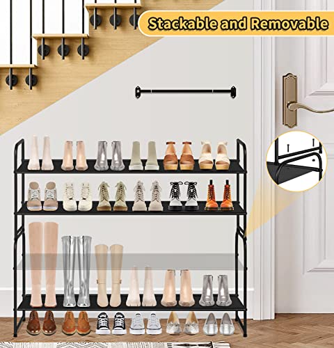 Sleeping Lamb Long 2-Tier Shoe Organizer For Closet, Stackable Wide Shoe Rack Holds 18-Pairs Low Shoe Shelf Storage For Bedroom, Floor, Entryway(Black) #TOP3