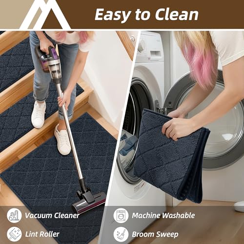 Image of COSY HOMEER Stair Landing Rugs Non-Slip Corner Indoor Edging Stair Treads for Wooden Steps,Washable Soft Stair Landing Mat for Kids,Elder and Dogs,Polyester,TPE Backing,Navy,30x30inch