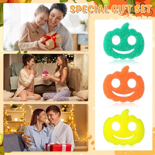 Image of FillTouch 3 Pcs Dual Sided Scrub Sponge Multi Functional Cute Temperature Sensitive Non Scratch Dish Sponge for Washing Dishes Kitchen Bathroom (Thanksgiving Pumpkin,Orange, Yellow, Green)