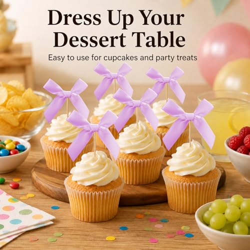 Oeyliz Purple Bow Cupcake Toppers Bow Cake Topper Decorations 24 PCS Purple Bows Cupcake Toppers Birthday Party Decorations Cake Bow Cupcake Topper Baby Shower Birthday Wedding Bridal Party Supplies — view 2
