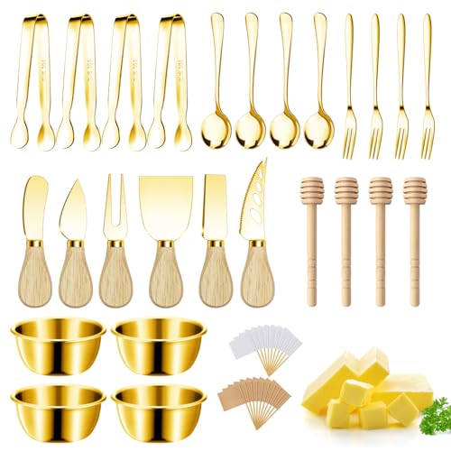 Charcuterie Boards Accessories Gold Charcuterie Utensils Cheese Butter Spreader Knife Set Small Serving Tongs Forks and Spoons Dipping Bowls Honey Dippers Toothpick Flags for Party Platter Making