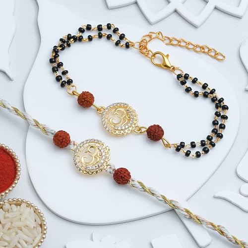 Image of eCraftIndia Om Rudraksha Designer Bhaiya Bhabhi Rakhis with Best Bro Ever Fridge Magnet | Set of 2 Rakhi for Brother and Bhabhi | Lumba Rakhi | Roli Chawal Pack