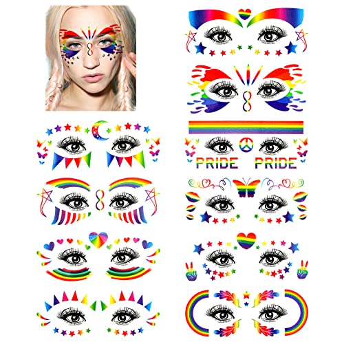DPKOW 10 PCS Pride Face Rainbow Sticker LGBT Face Temporary Tattoo with Face Temporary Tattoo for Gay Pride Day Party Favors