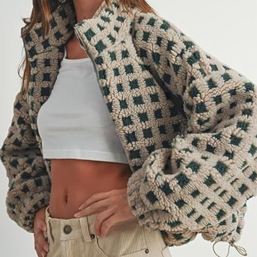 Womens Y2k Fuzzy Jacket Sherpa Plaid Long Sleeve Cropped Zip Up Shacket Fall Winter Fleece Coat3