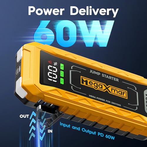MegaXmar 60w PD Battery Jump Starter 27000mAh 4000A, All Gas, 10L Diesel Engine, 12V car Battery Portable Jumper Box, Type C Booster Car Jumper Cable Pack - Thumbnail 4