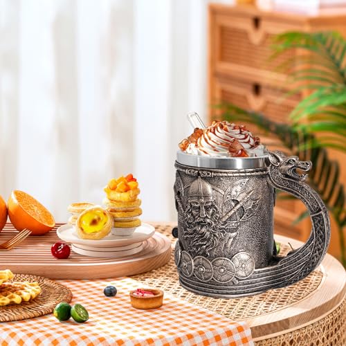 Viking Mug Beer Stein Tankard, Stainless Steel Drinking Tankard Mug Coffee Cup, Medieval Norse Mythology Folklore Poetic Edda Gothic Decor Party Decoration Drinkware Gift for Men (Odin) - Thumbnail 4