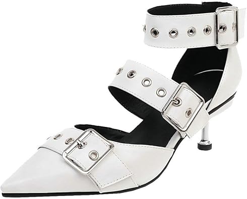 Alsoloveu Women Metal Buckles Strappy Pumps Western Pointed Toe Sandal Cowboy Vintage Heels Cowgirl Mid Heeled Dress Shoes