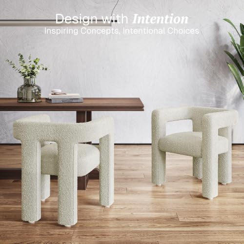 Image of BELLEZE Modern Boucle Barrel Dining Chair Set of 6, Upholstered Linen Kitchen Boucle Armchair with Sidearms and Back, for Dining Room Living Room- Cream