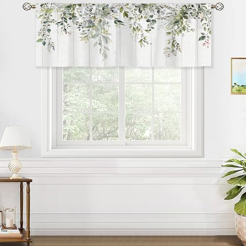Oolygoo Rustic Sage Green Eucalyptus Leavses Valances Kitchen Curtains Watercolor Floral Flower Plants Botanical Farmhouse Wooden Bedroom Living Room Treatment Tier Fabric 1 Panel 52Wx18H Inch thumb #3