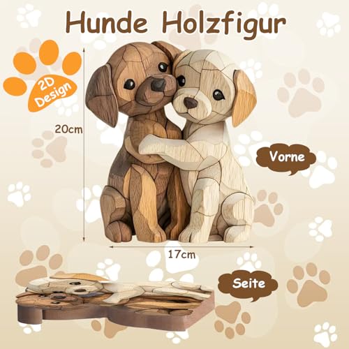 Komergave Hunde Holz Deko, 2D Flache Holzfiguren, Niedliches Hunde Holzfigur, Gemütliche Deko Figur Ornamente für Paare Kinder Frauen Männer für Büro Schreibtisch Bücherregal Badezimmer (cremefarben)