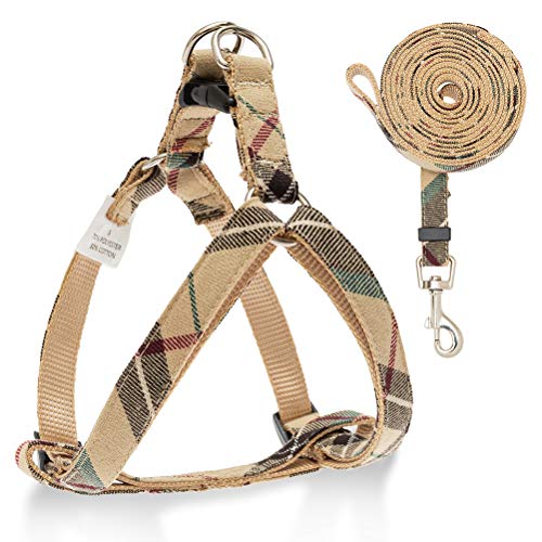 No Pull Dog Harness and Leash Set - Adjustable Plaid Step in Puppy Basic Harness for Small Medium Dogs Cats