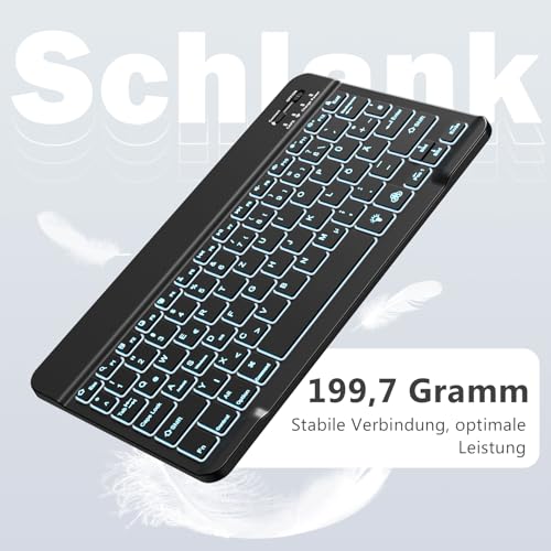 Vobafe Bluetooth Tastatur mit Telefonhalter für iPad Air/Pro/Mini/A16/11/10.9/10.2/iPhone, Kabellose Tablet Keyboard für iOS/Android/Windows, Deutsche QWERTZ, 7 Farben Beleuchtete, Schwarz 6