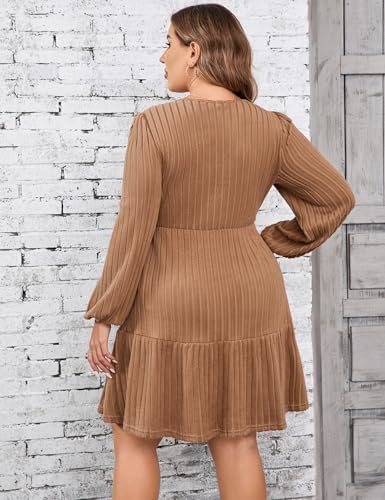 Image of Women's Plus Size Casual Sweater Dress Square Neck Long Lantern Sleeve Tie Waist Loose Pullover Sweater Dresses