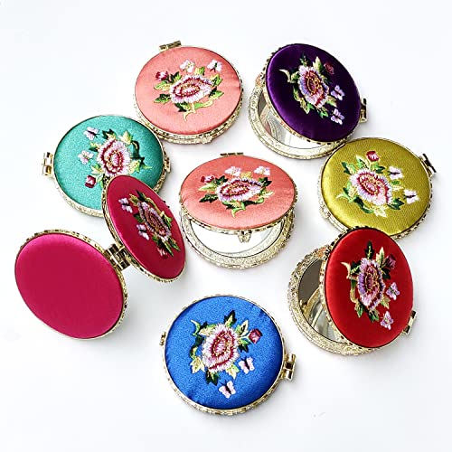Huamulan 8Pcs Round Shape Compact Mirror Cosmetic Tool Makeup Hand Mirror,Dual Sided Silk Chinese Embroidered Wedding Favor Party Gifts Cute Perfect For Purse Travel, Assorted Color #TOP6