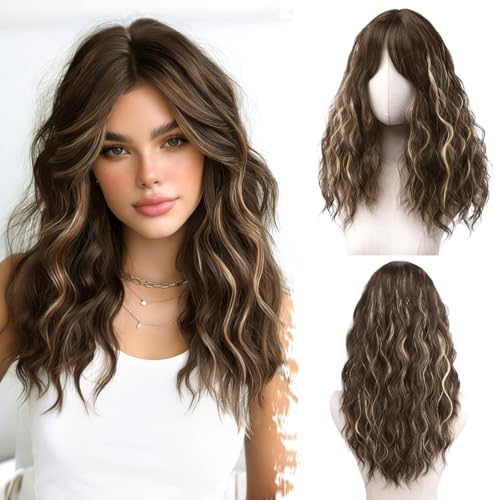 BARSDAR Ondulada Highlight Peluca, Shoulder Longitud Ondulada Balayage Rubio Pelucas para Mujeres 50cm Aspecto Natural Sintético Rizada Peluca con Face-Framing Curtain Bangs Cosplay Pelucas de Pelo
