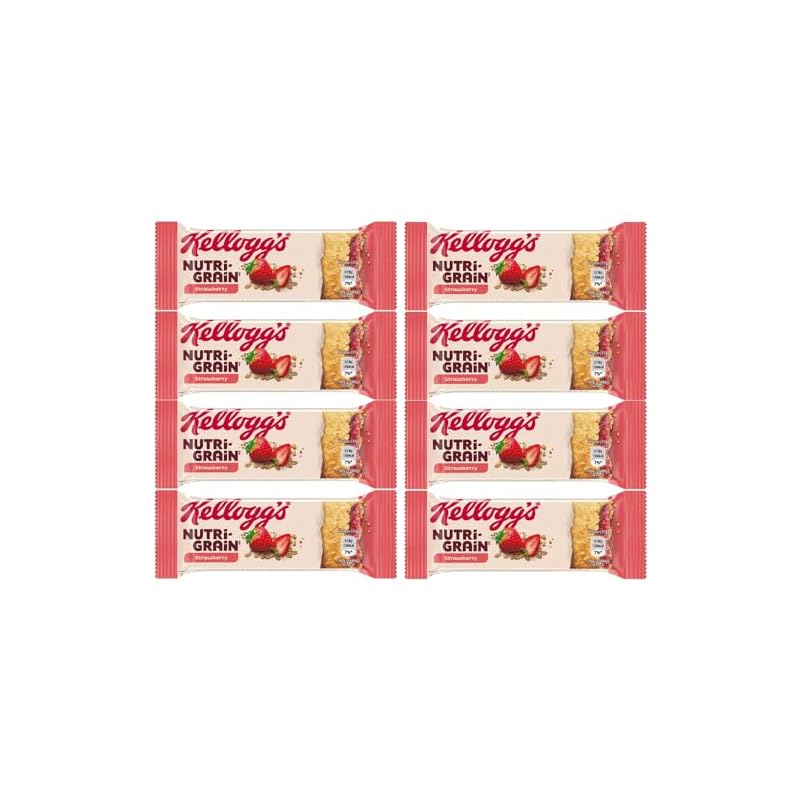 Kelloggs Nutrigrain 37g Bar Strawberry Filling Pack of 8 Vegetarian Cereal Wholegrain Wheat Oat Baked Breakfast Snack Vitamin B Minerals with Welari Thank You Card | (8pack) (296g)