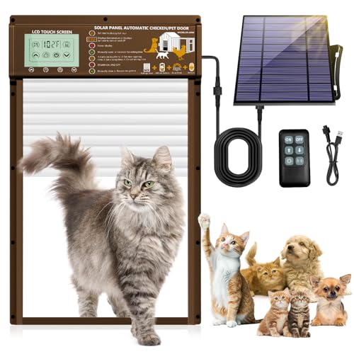 DGRTDZ Solar Automatic Cat Door, 5 Smart Modes (Radar, Timer, Light Sensor, Remote, Manual), Aluminum Pet Door for Interior Exterior Doors, Solar Powered or USB Plug-in, Cats (Brown)