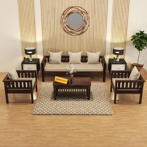 Image of Sheesham Wood 5 Seater Low Height Sofa Set for Living Room | 5 Seater Sofa Set | Wooden Sofa Set | Beige Cushion (3+1+1, Walnut Finish)