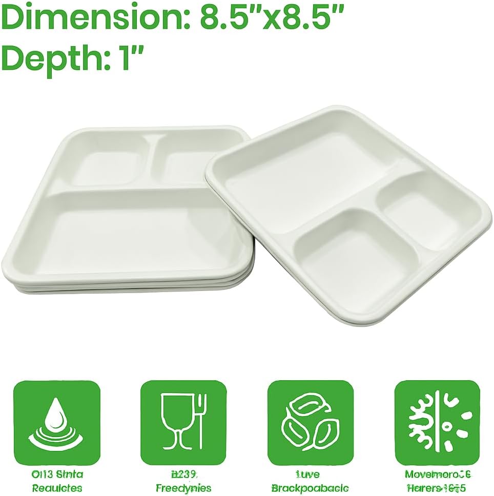 3 Coment [100 Pack] Square Disposable Trays – Biodegradable & Compostable, Paper Plates for Meals, Catering, Appetizer, Lunch & Dinner. Microwave & Freezer Safe