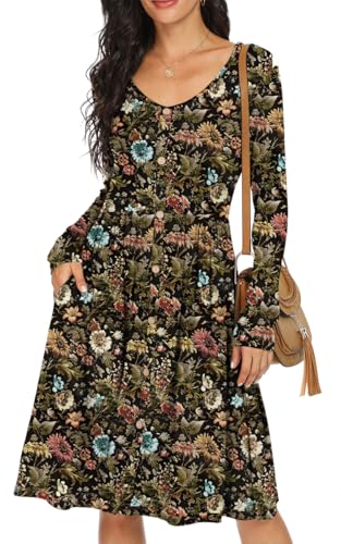 GRECERELLE Vestidos de manga larga para mujer, casuales, lisos, tipo swing, con botones, línea A, midi cortos, tipo camiseta, con bolsillos, XXL