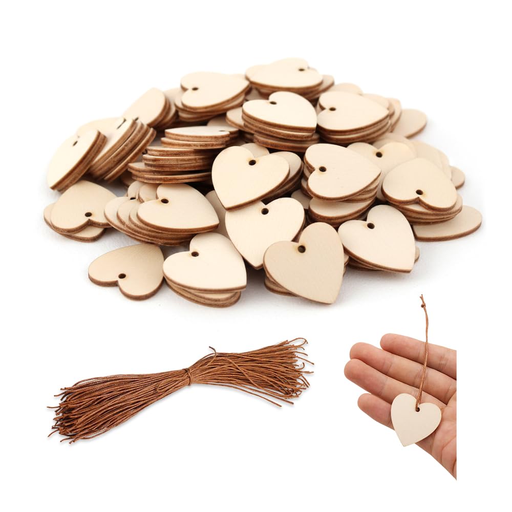 BITEFU 60 Cuori In Legno Con Corda – 8 Cm, Lisci Con Foro, Per Matrimonio, Fai Da Te E Decorazioni