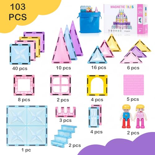 Image of SNAPTRON Magnetic Blocks for Kids Tiles -103Pieces Set Gifts for Girls, Boys, Magnetic Blocks for Kids 3+ Years, 4 5 6 7 8 9 10 / Constructing & Learning Builder Educational Magnatiles Game