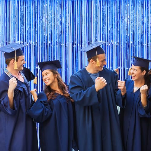 Image of Thicken Blue Streamers 2 Pack 3.2 x 8.2 FT, Blue Foil Fringe Tinsel Backdrop Curtains for Graduation Fathers Day Decorations, Birthday Decorations for Men Boys