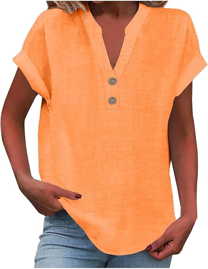 Bluse Damen Elegant Leinenbluse Sommer locker Baumwolle Leinenbluse Button Down Henley V-Ausschnitt Kurzarm T-Shirt Lässiges Oberteile Button Down Bequemes Sexy Modisch Licht Hemdbluse Tunika Top