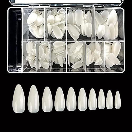 VIVACE Natural Full-Cover Stiletto 500 Artificial False Gel Nail Tips 10Sizes With Clear Plastic Case for Nail salon Nail Shop (Natural)